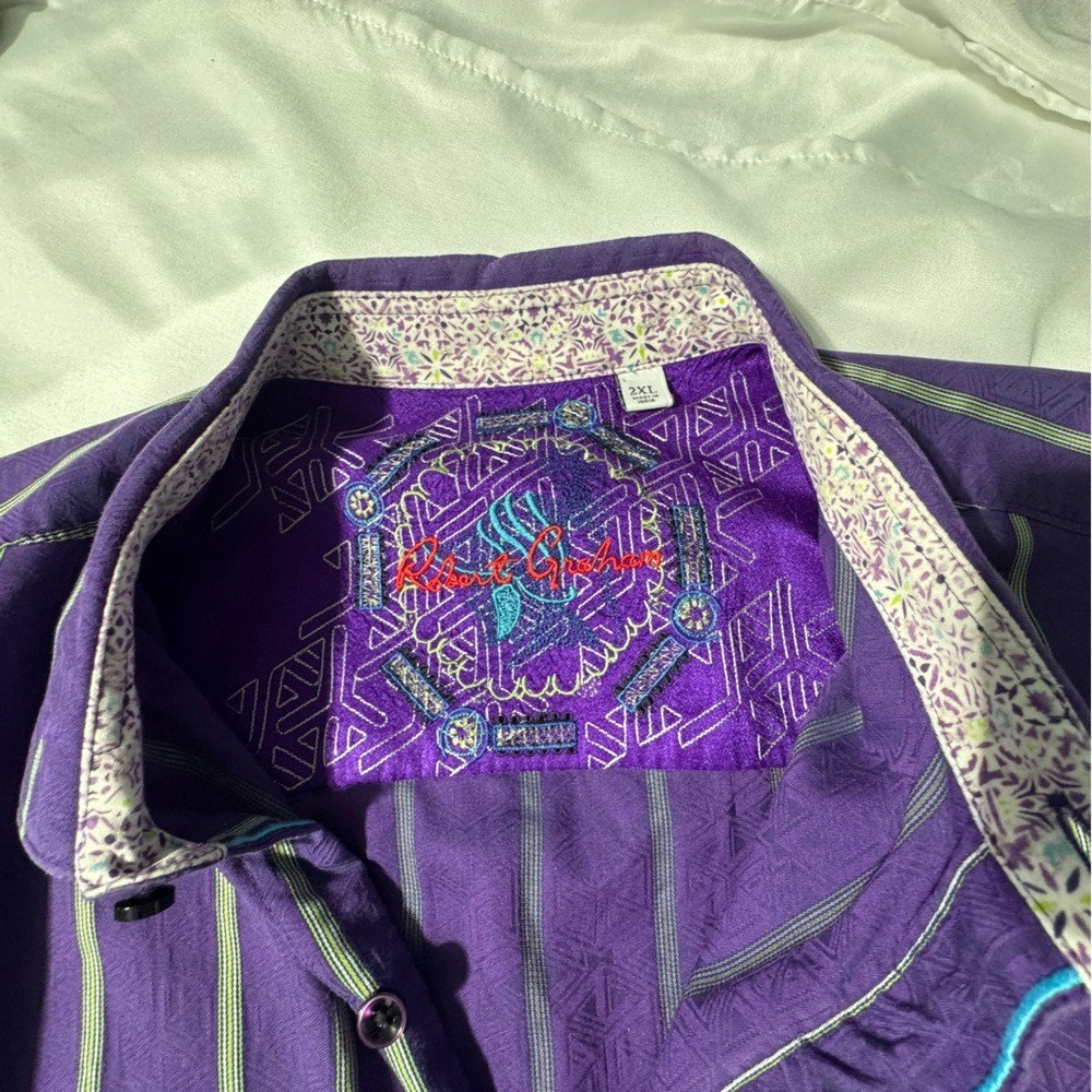 Robert Graham Purple Striped Button-Up Shirt | Size 2XL | Flip Cuff Detail - Picture 6 of 16